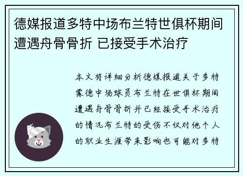 德媒报道多特中场布兰特世俱杯期间遭遇舟骨骨折 已接受手术治疗
